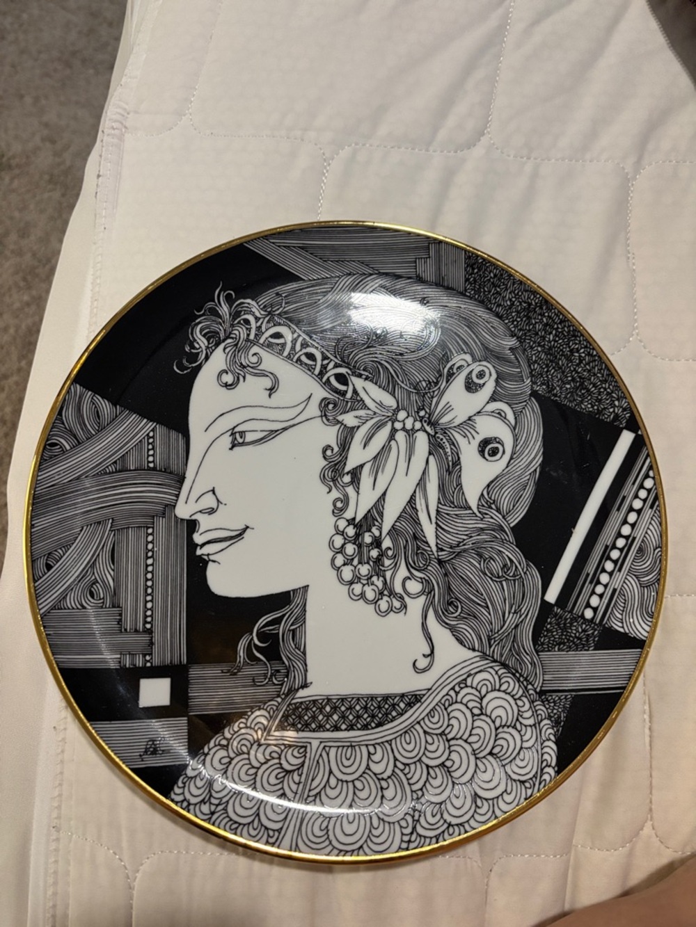 Black & White Decorative Art Plate with Gold Trim